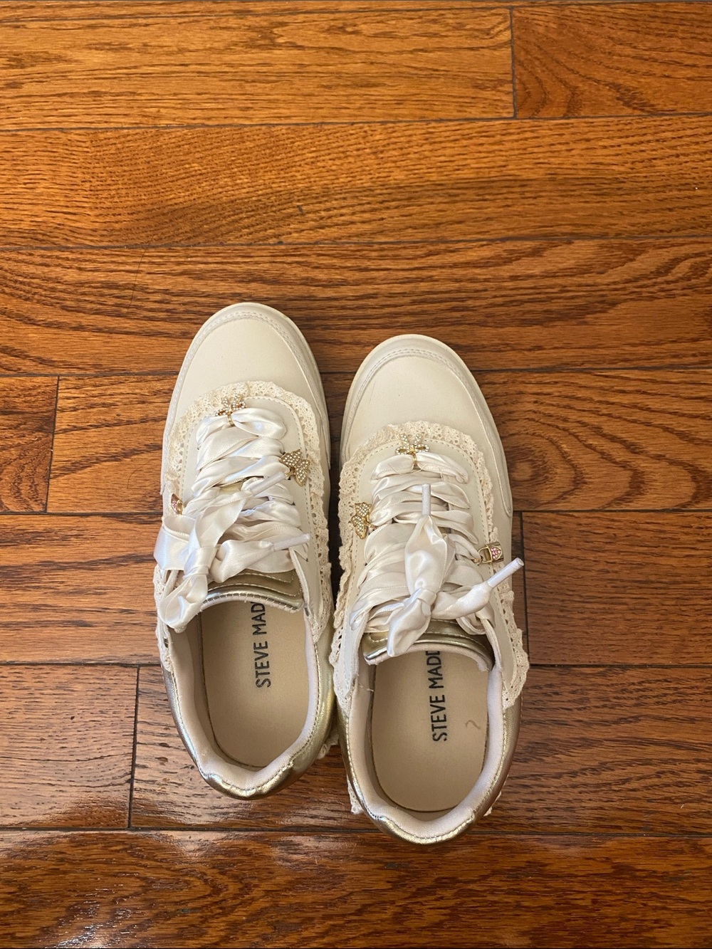 Steve Madden Ivory Lace Ribbon Sneakers with Gold Trim